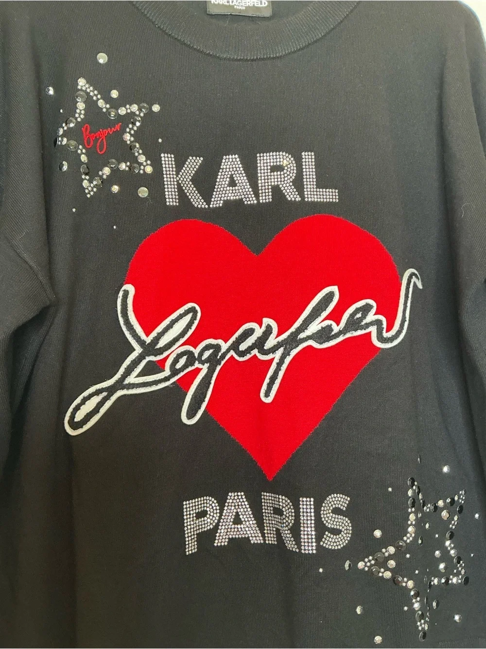 Karl Lagerfeld Black Sweater with Red Heart and Crystal Script